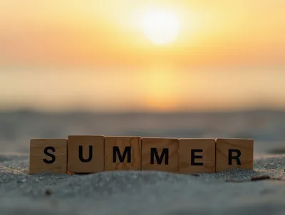 Wooden Blocks Spelling Summer On A Sandy Beach
