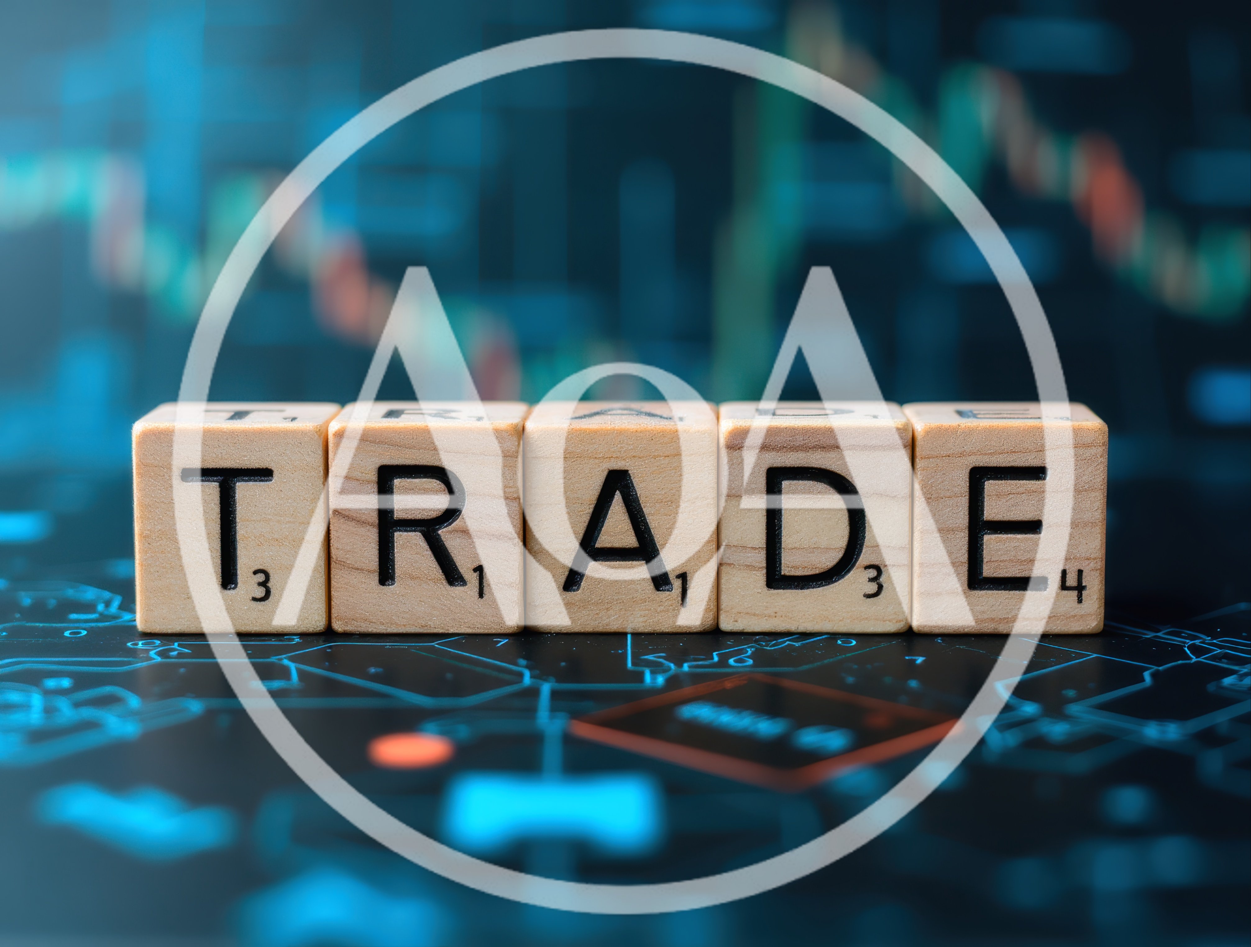 Wooden Scrabble Tiles Spelling Trade On Financial Chart Background