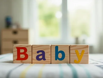 Wooden Alphabet Blocks Spelling Baby On A Bed