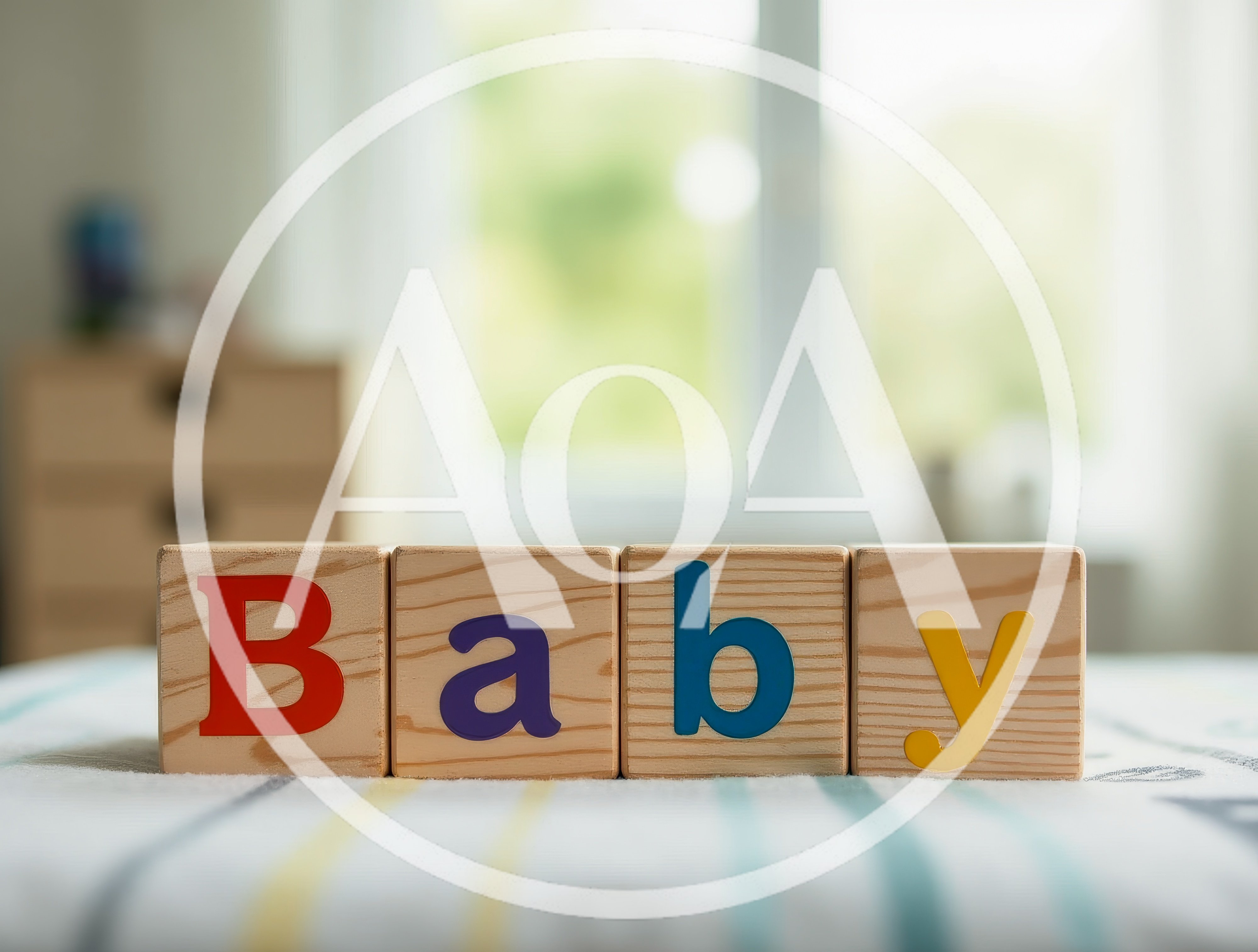 Wooden Alphabet Blocks Spelling Baby On A Bed
