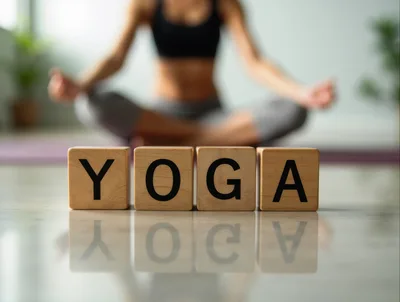 Wooden Blocks Spelling Yoga With Meditating Woman Background