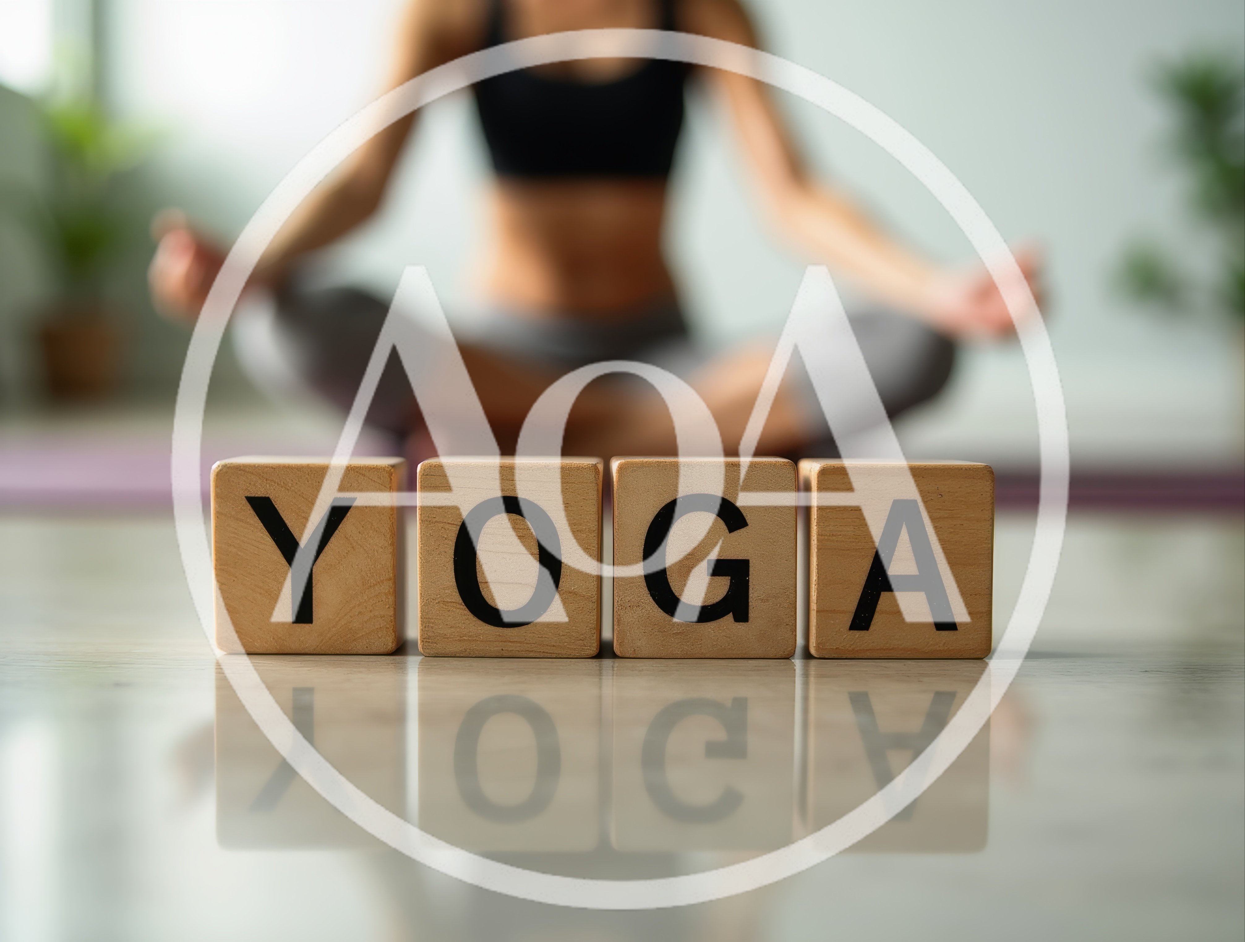 Wooden Blocks Spelling Yoga With Meditating Woman Background