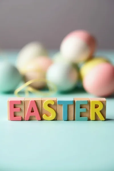 Easter Wooden Blocks With Pastel Colored Eggs