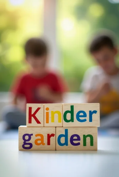 Wooden Blocks Spelling Kindergarten With Blurred Children In Background