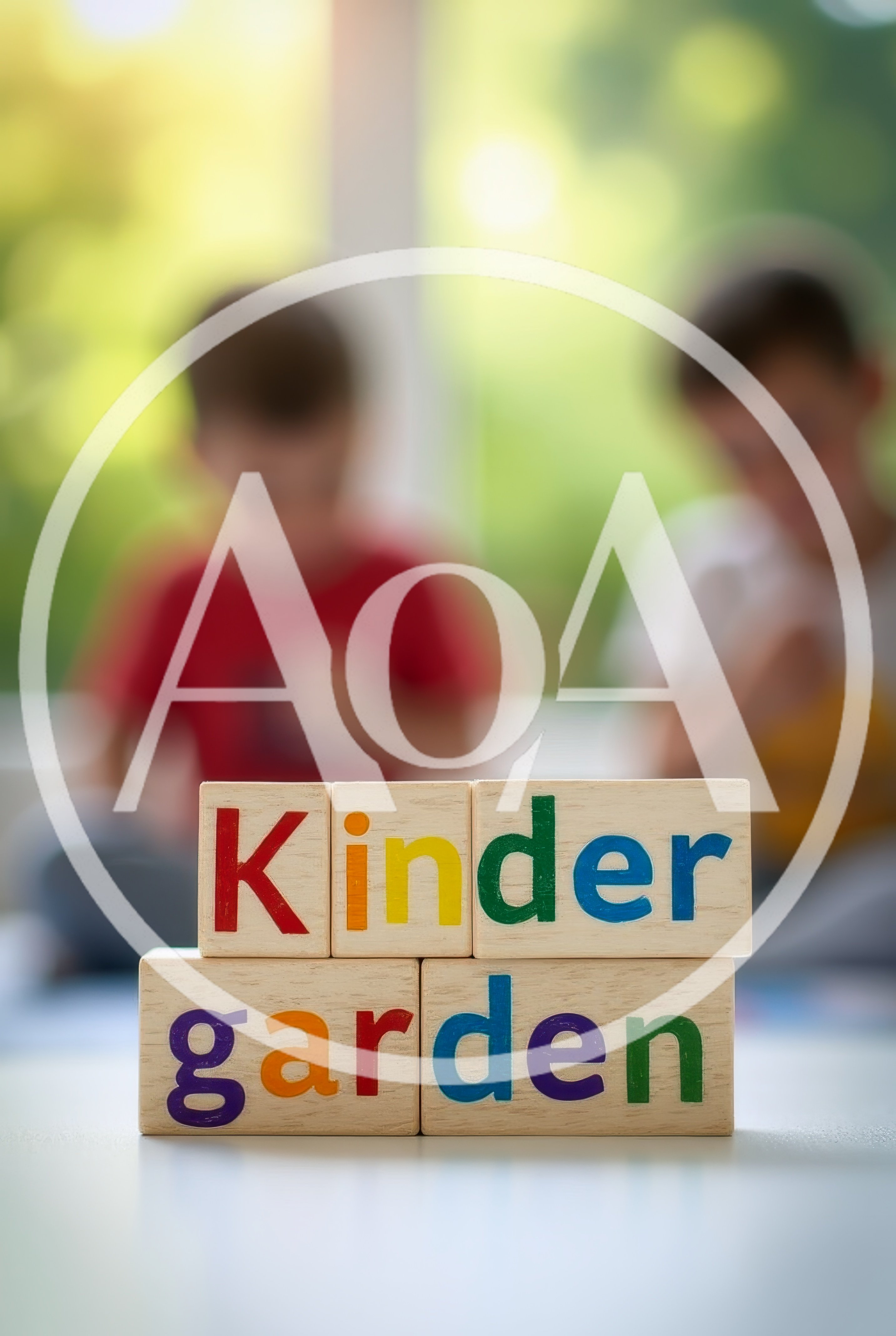 Wooden Blocks Spelling Kindergarten With Blurred Children In Background
