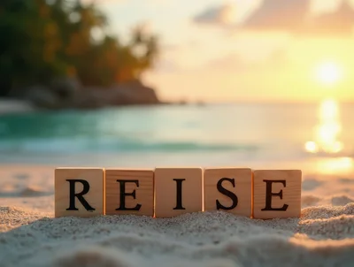 Wooden Blocks Spelling Reise On Tropical Beach