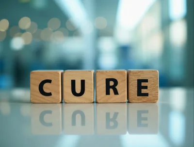Wooden Blocks Spelling The Word Cure On Reflective Surface