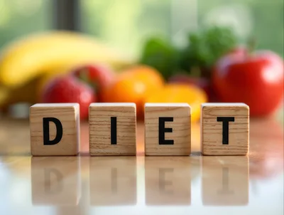 Wooden Blocks Spelling Diet With Fresh Fruit Background
