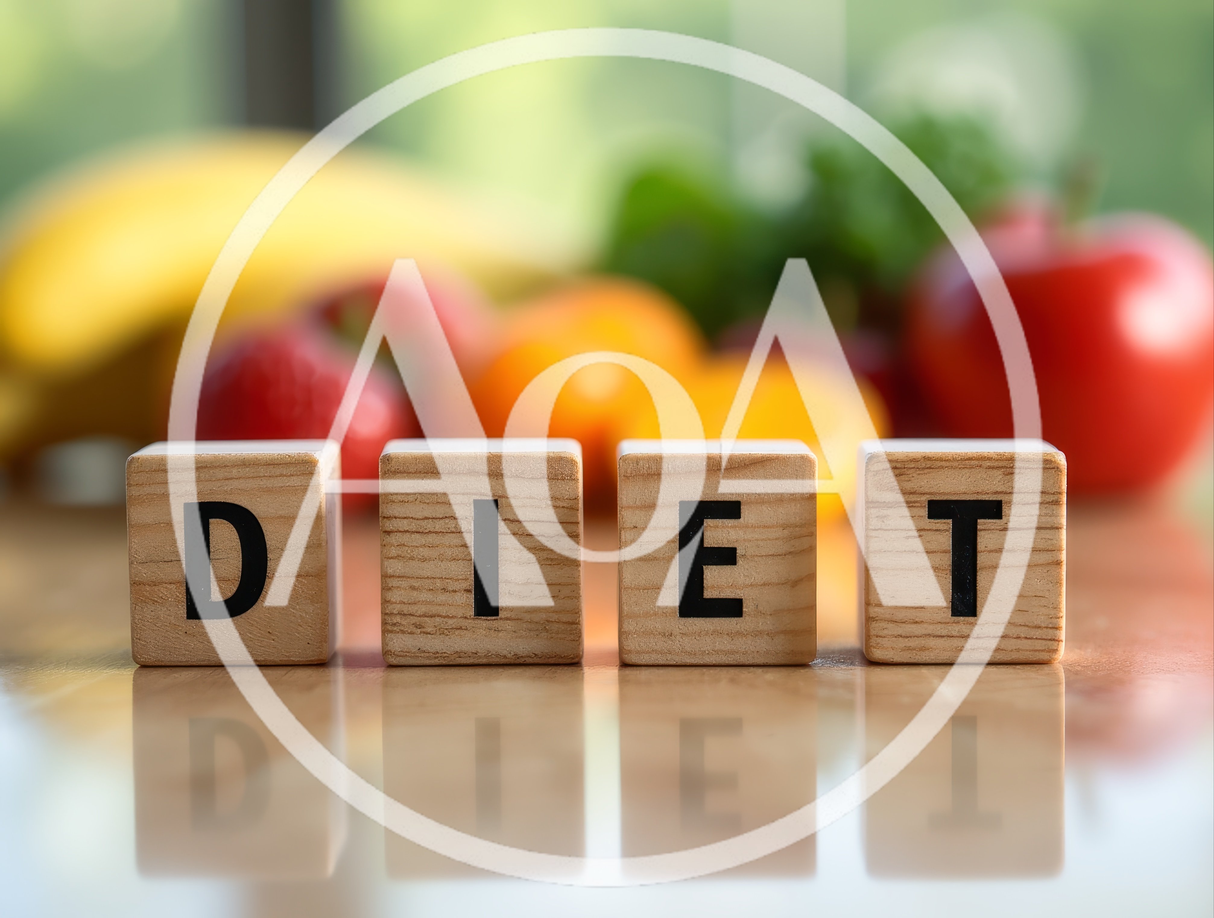 Wooden Blocks Spelling Diet With Fresh Fruit Background