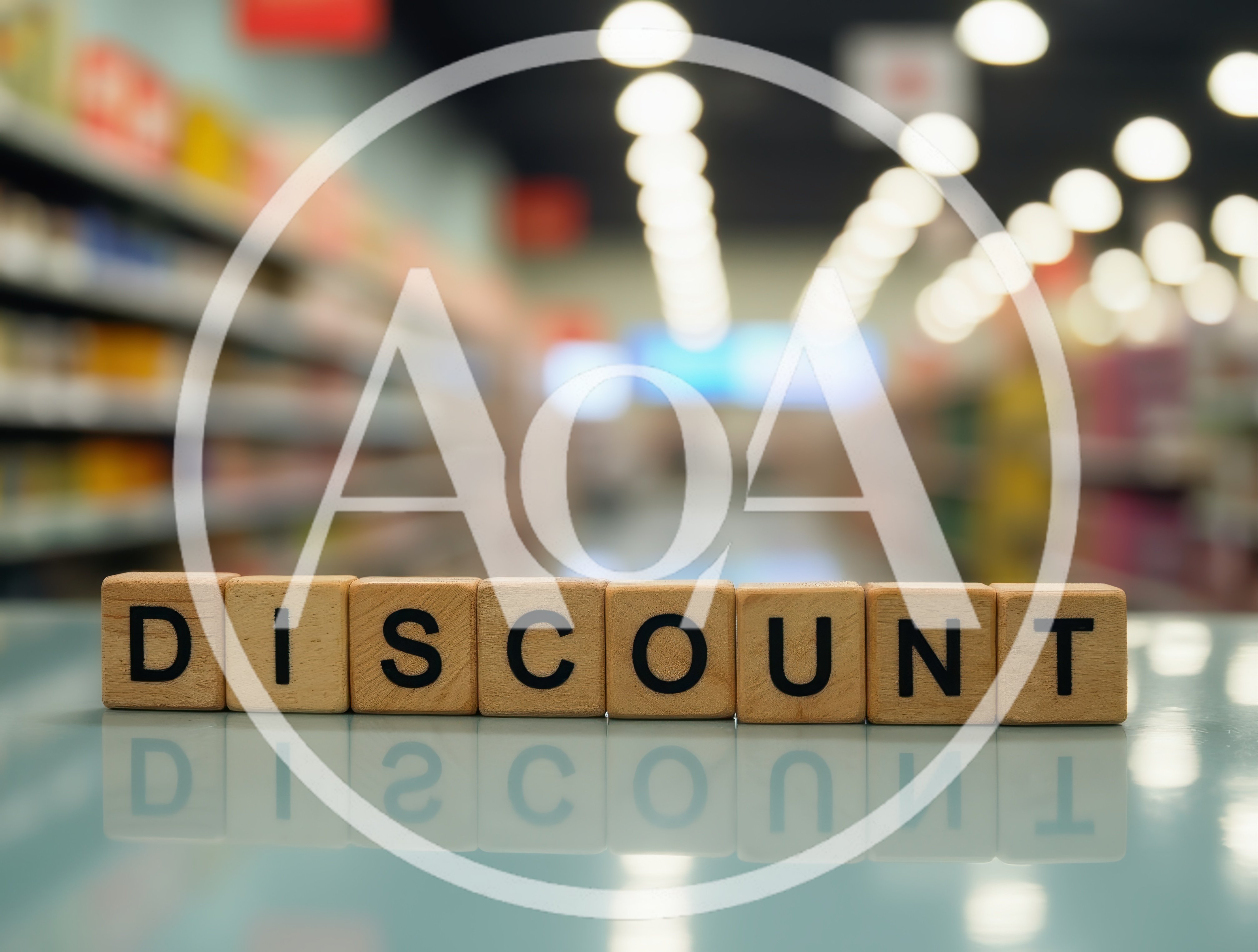 Wooden Blocks Spelling Discount on Reflective Surface