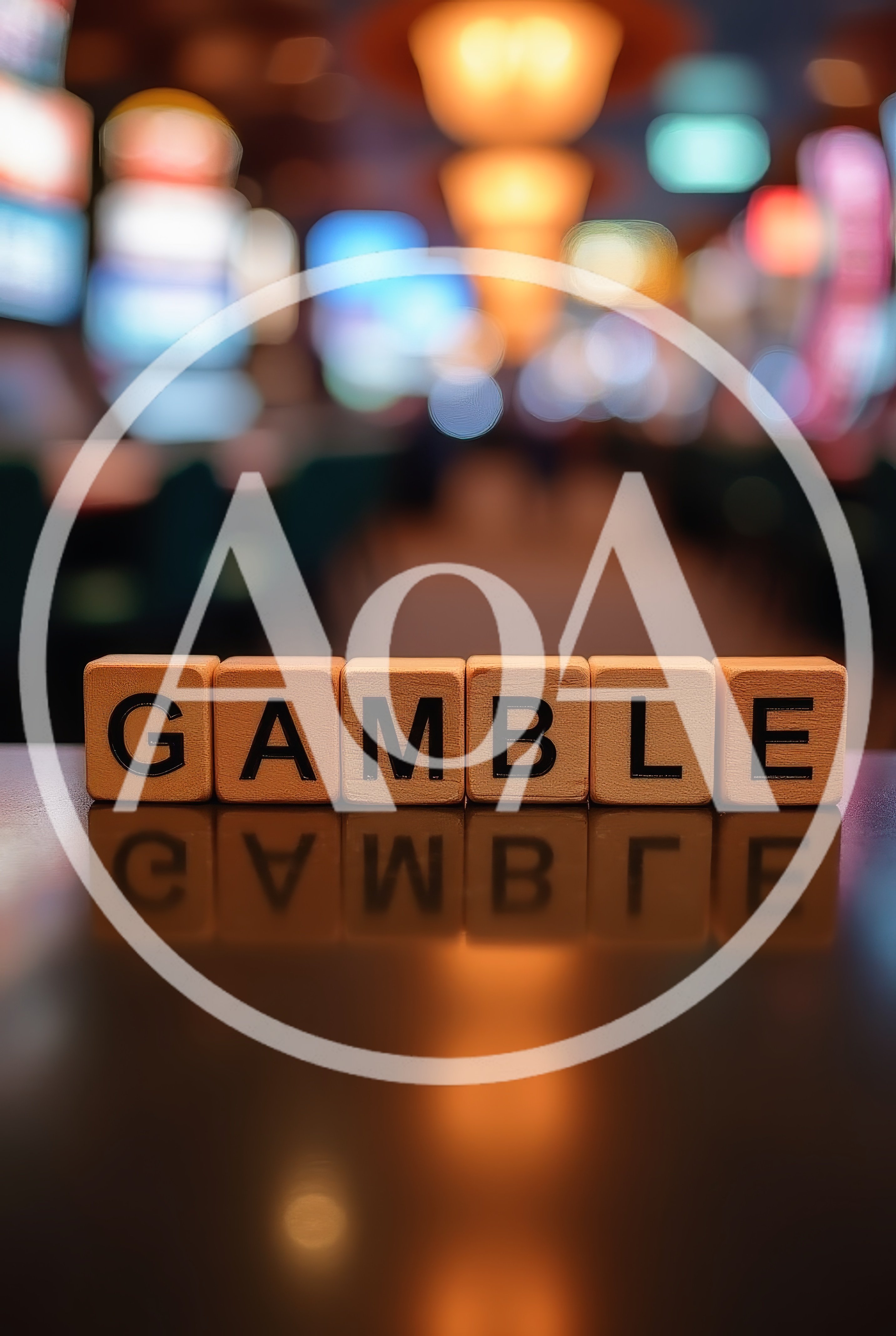 Wooden Blocks Spelling Gamble On A Reflective Casino Table