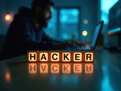 Illuminated Hacker Blocks on Desk with Blurred Programmer