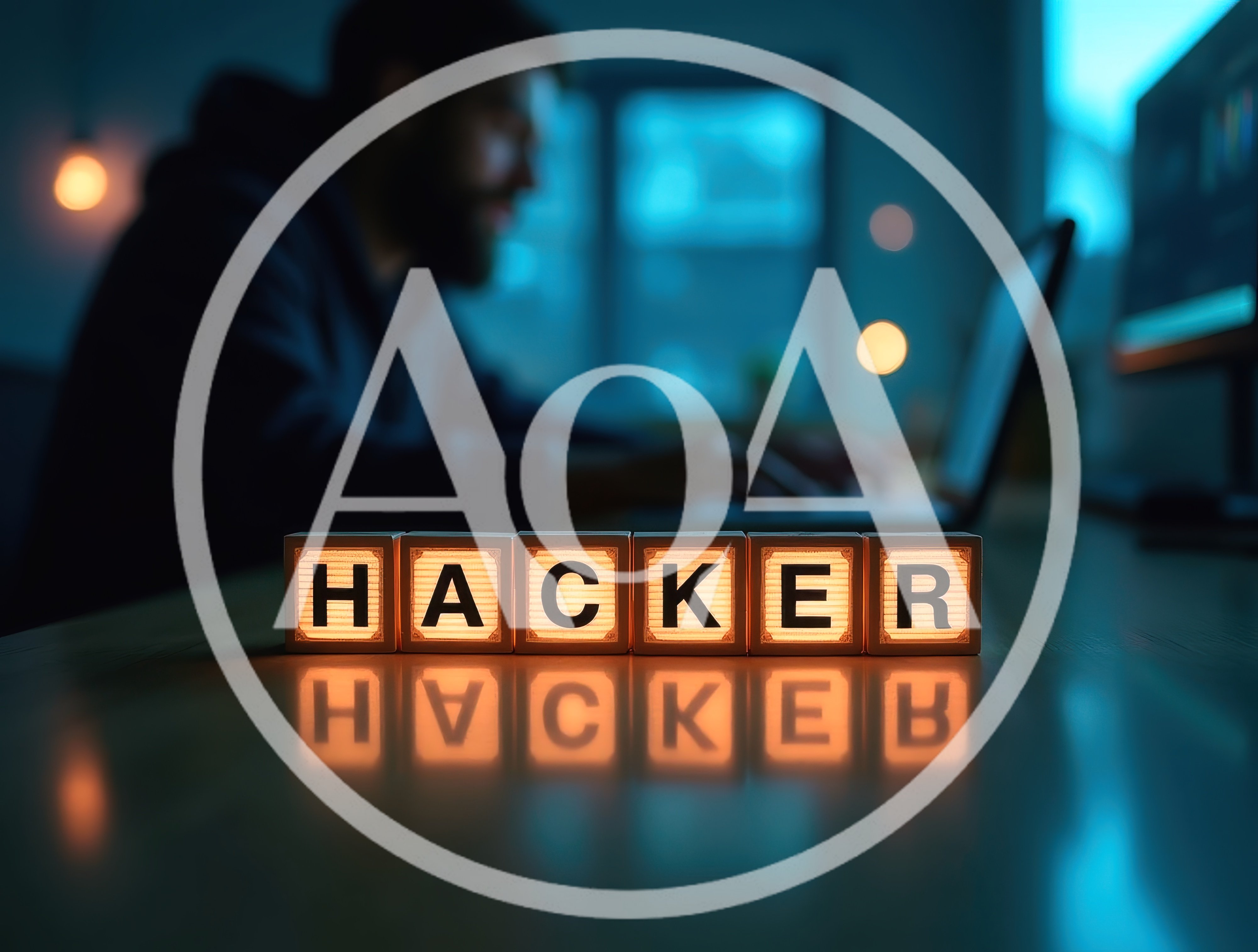 Illuminated Hacker Blocks on Desk with Blurred Programmer