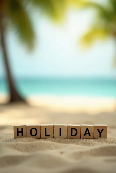 Wooden Blocks Spelling Holiday on Tropical Beach Sand