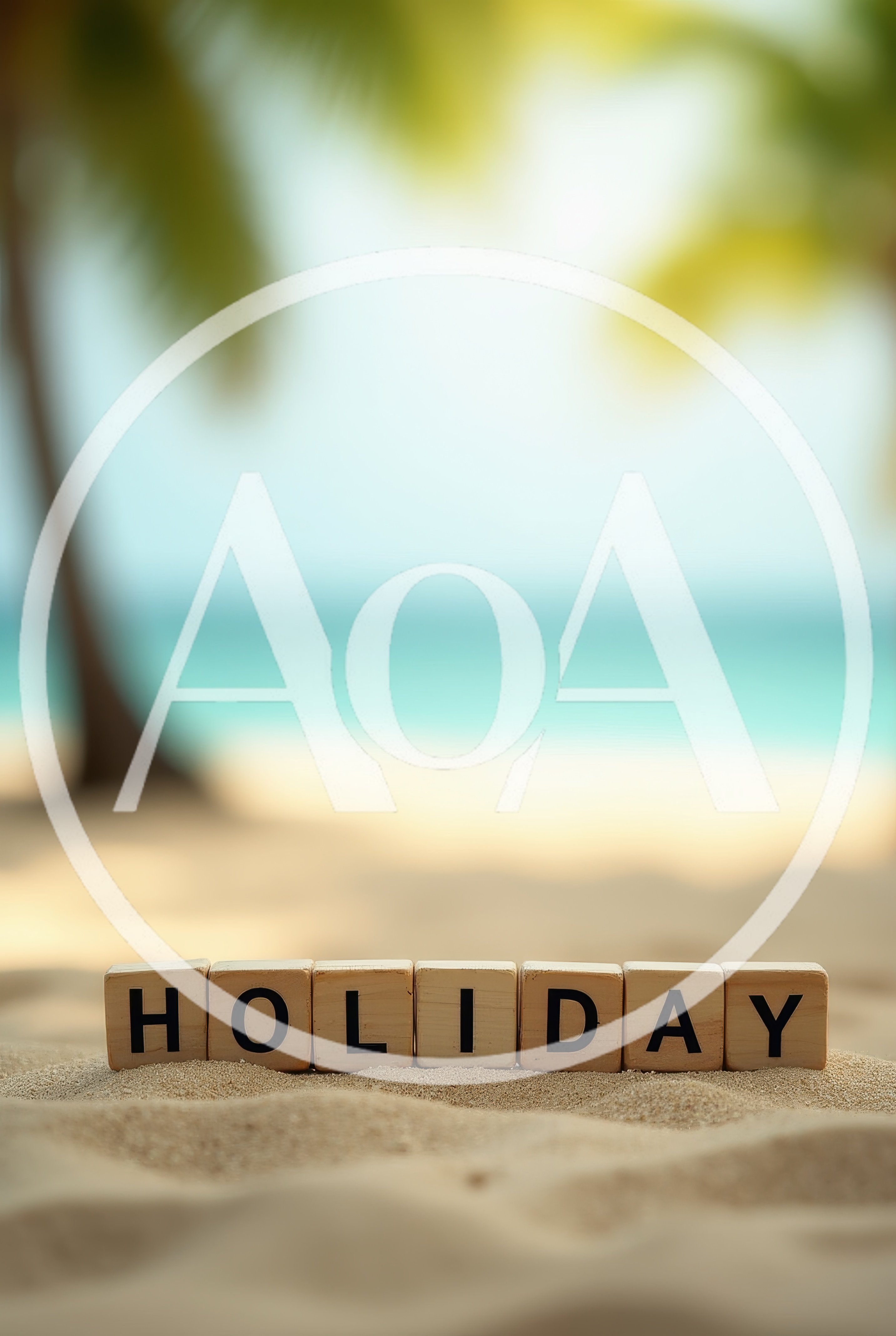 Wooden Blocks Spelling Holiday on Tropical Beach Sand