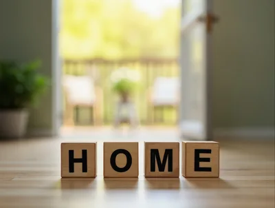 Wooden Blocks Spelling Home on a Sunny Floor
