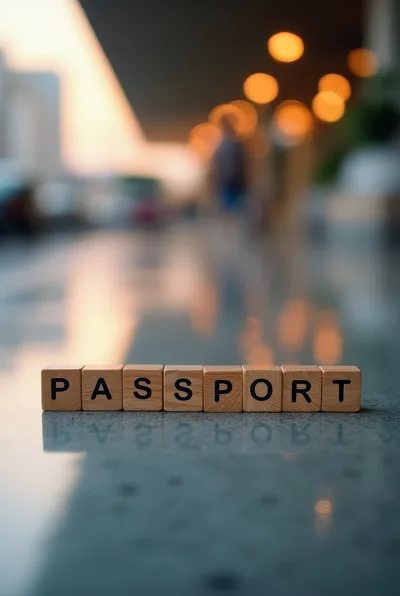 Wooden Blocks Spelling Passport On Reflective Surface