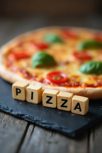 Fresh Pizza With Wooden Letter Blocks Spelling Pizza