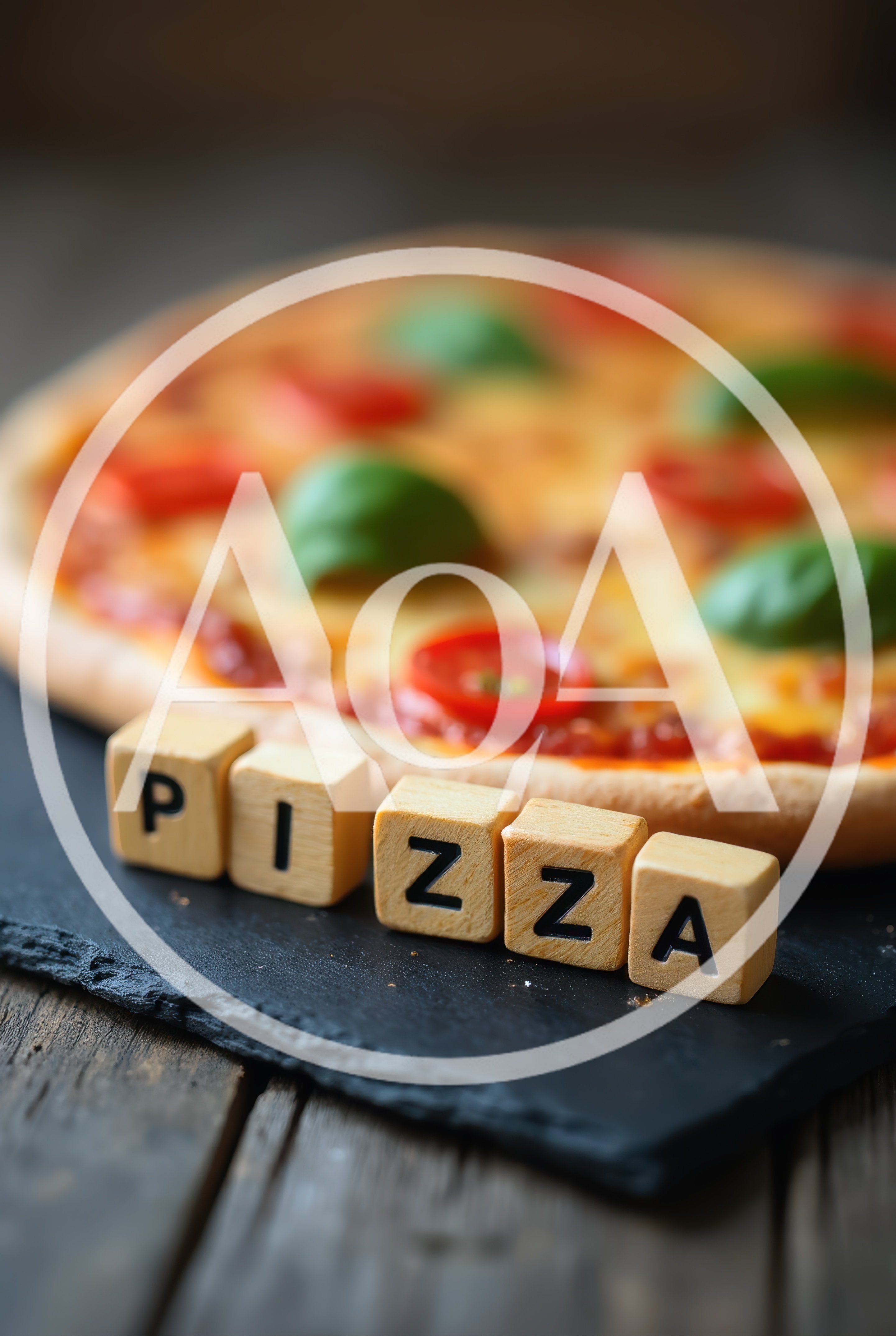 Fresh Pizza With Wooden Letter Blocks Spelling Pizza