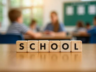 Wooden Blocks Spelling School On A Classroom Desk