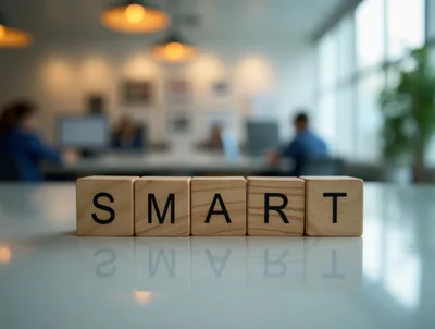 Wooden Blocks Spelling Smart On A Reflective Office Desk