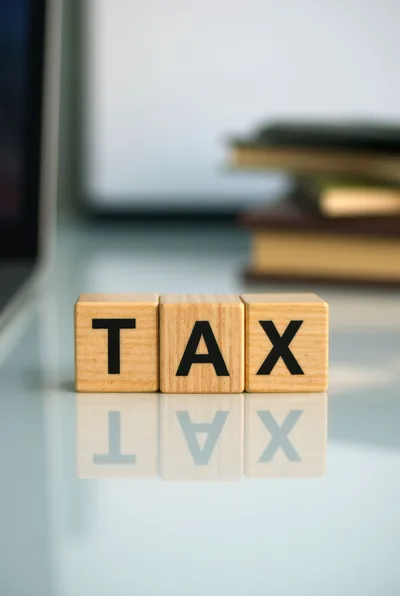 Wooden Blocks Spelling Tax on Reflective Desk