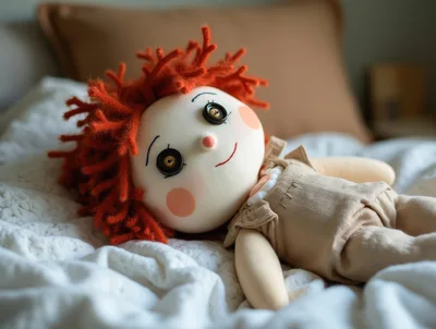 Rag Doll With Red Hair Resting On A Bed