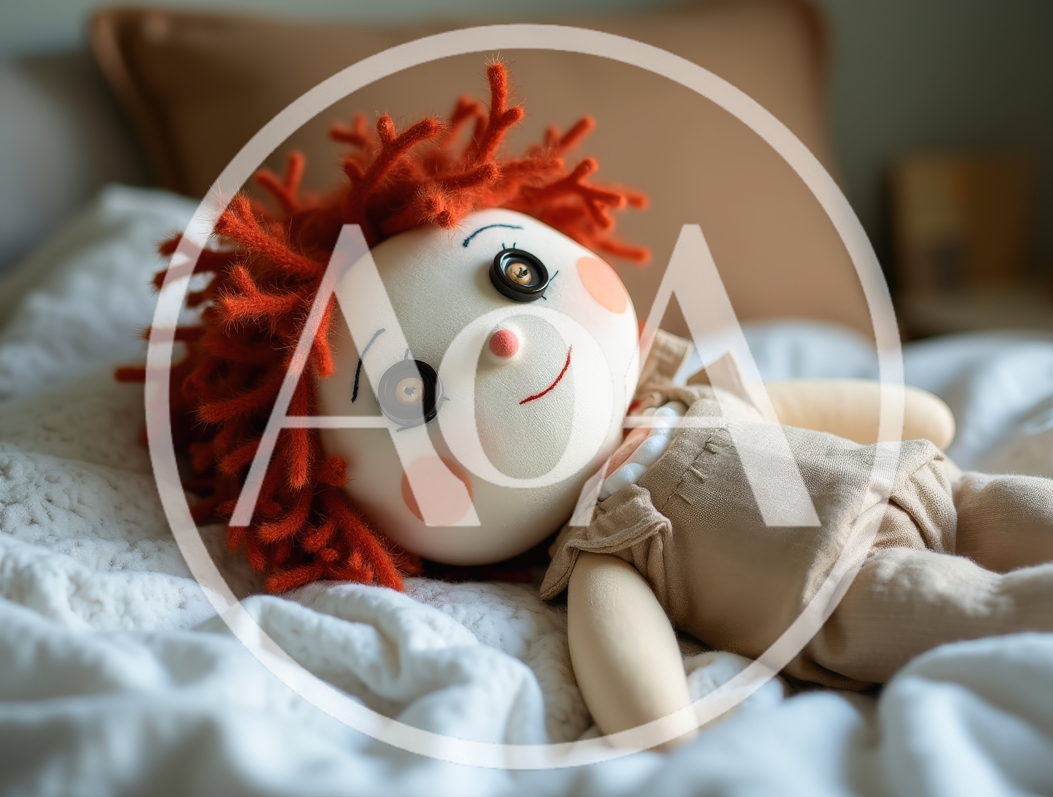 Rag Doll With Red Hair Resting On A Bed