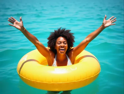 Happy Woman Floating In A Yellow Inner Tube