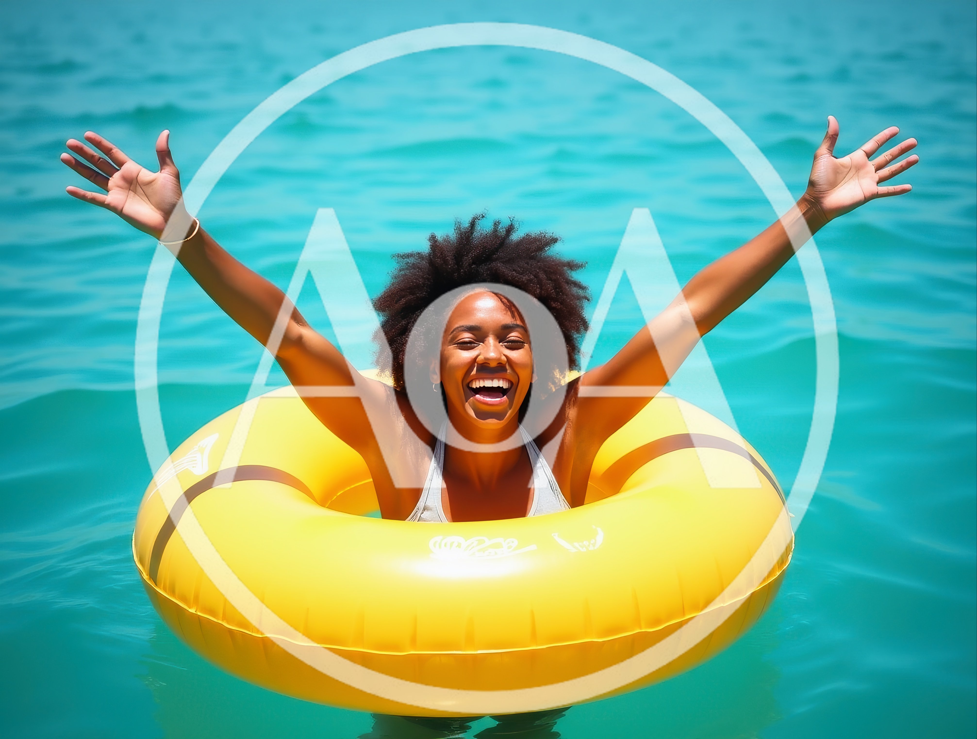 Happy Woman Floating In A Yellow Inner Tube