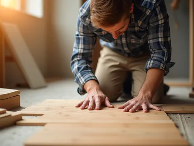 Carpenter Installing Wooden Floor Planks In A Room