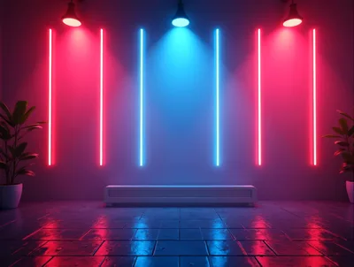 Modern Minimalist Room With Neon Lighting And Plants