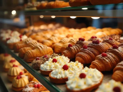 Freshly Baked Pastries Displayed In A Bakery Showcase