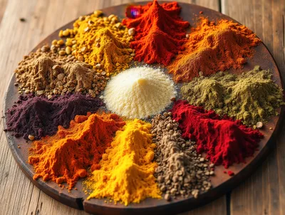 Assorted Colorful Spices Arranged On A Wooden Board