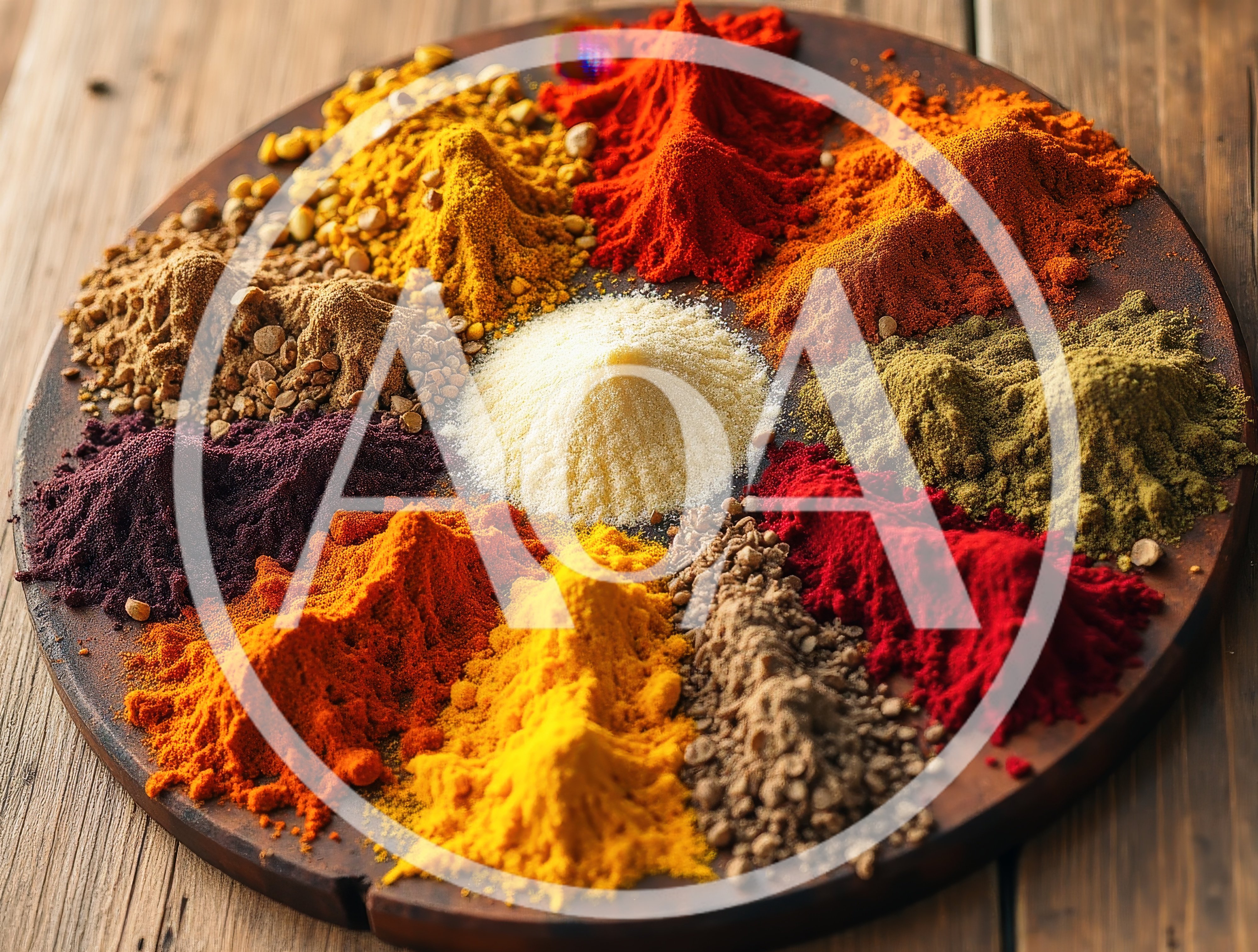 Assorted Colorful Spices Arranged On A Wooden Board