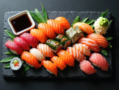 Assorted Sushi Platter on Black Slate Tray