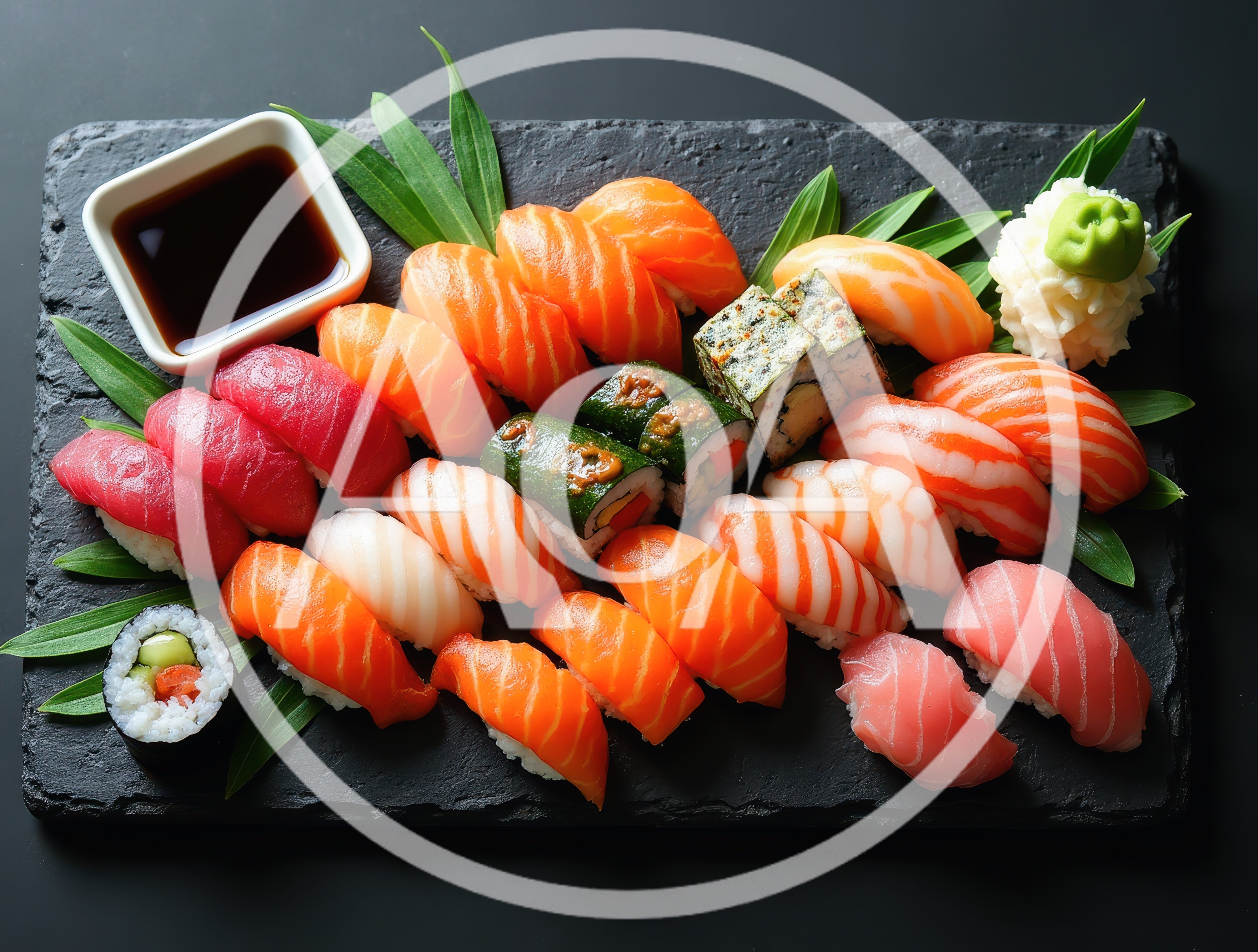 Assorted Sushi Platter on Black Slate Tray