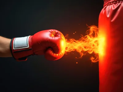 Red Boxing Glove Striking A Punching Bag With Fire