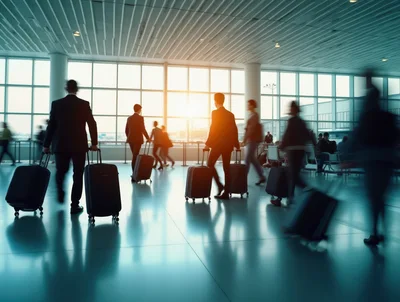 Business Travelers Walking Through A Modern Airport Terminal