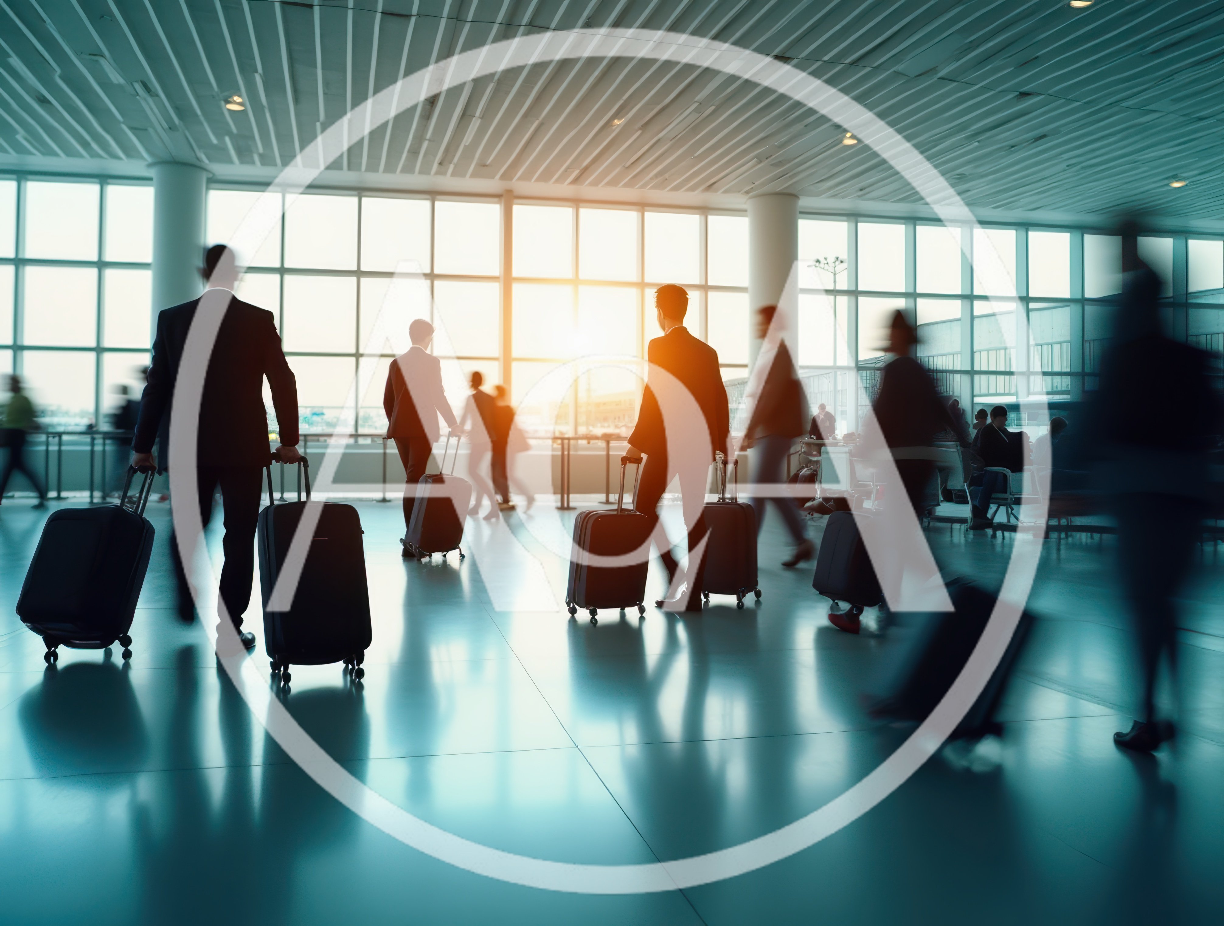 Business Travelers Walking Through A Modern Airport Terminal