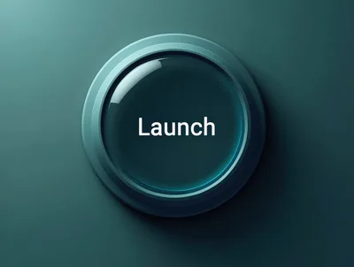 Glossy Teal Launch Button On Dark Background