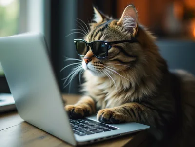 Fluffy Tabby Cat Wearing Glasses Using A Laptop