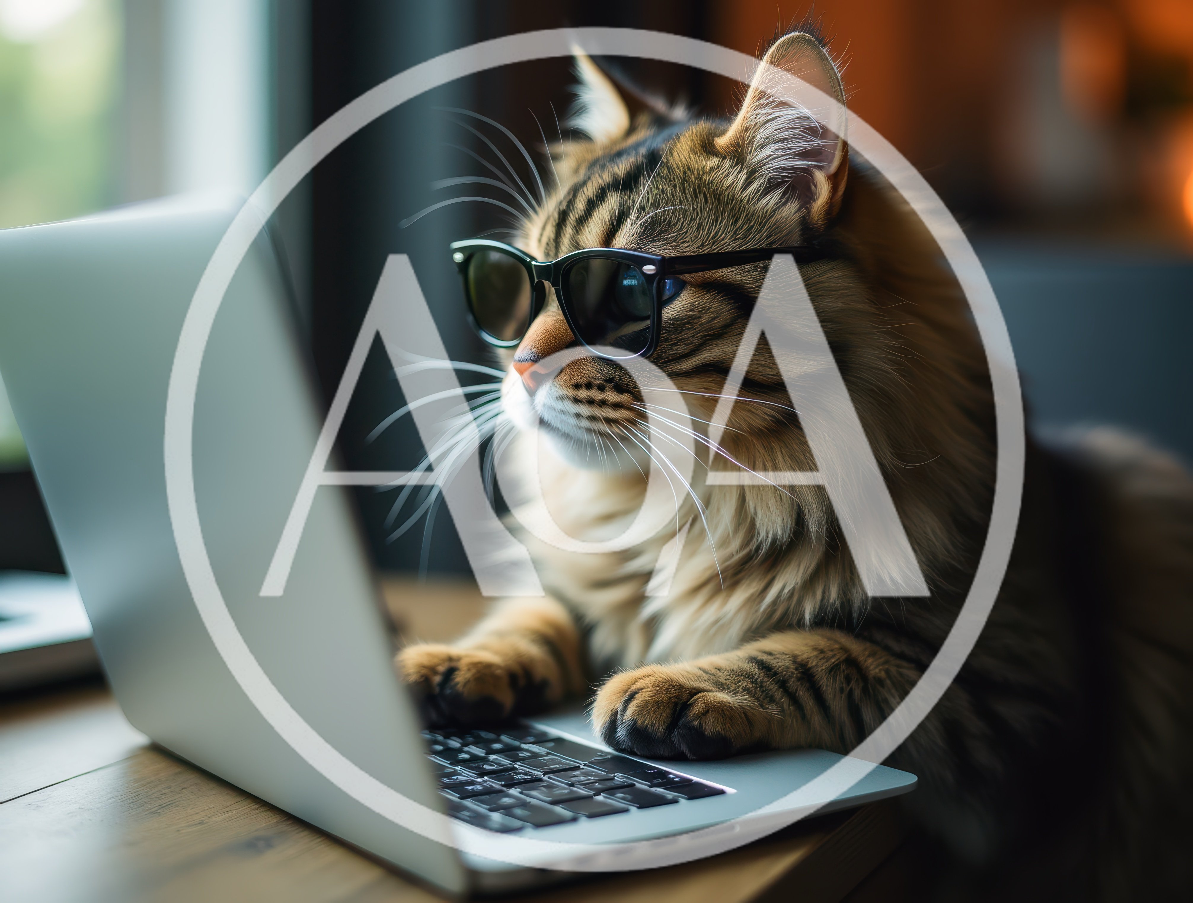 Fluffy Tabby Cat Wearing Glasses Using A Laptop
