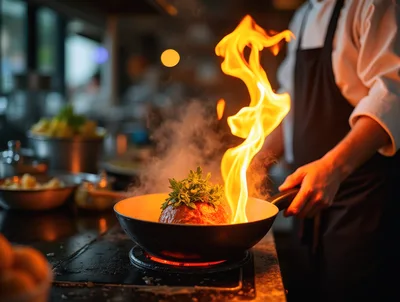 Professional Chef Flambeing Meat in a Restaurant Kitchen