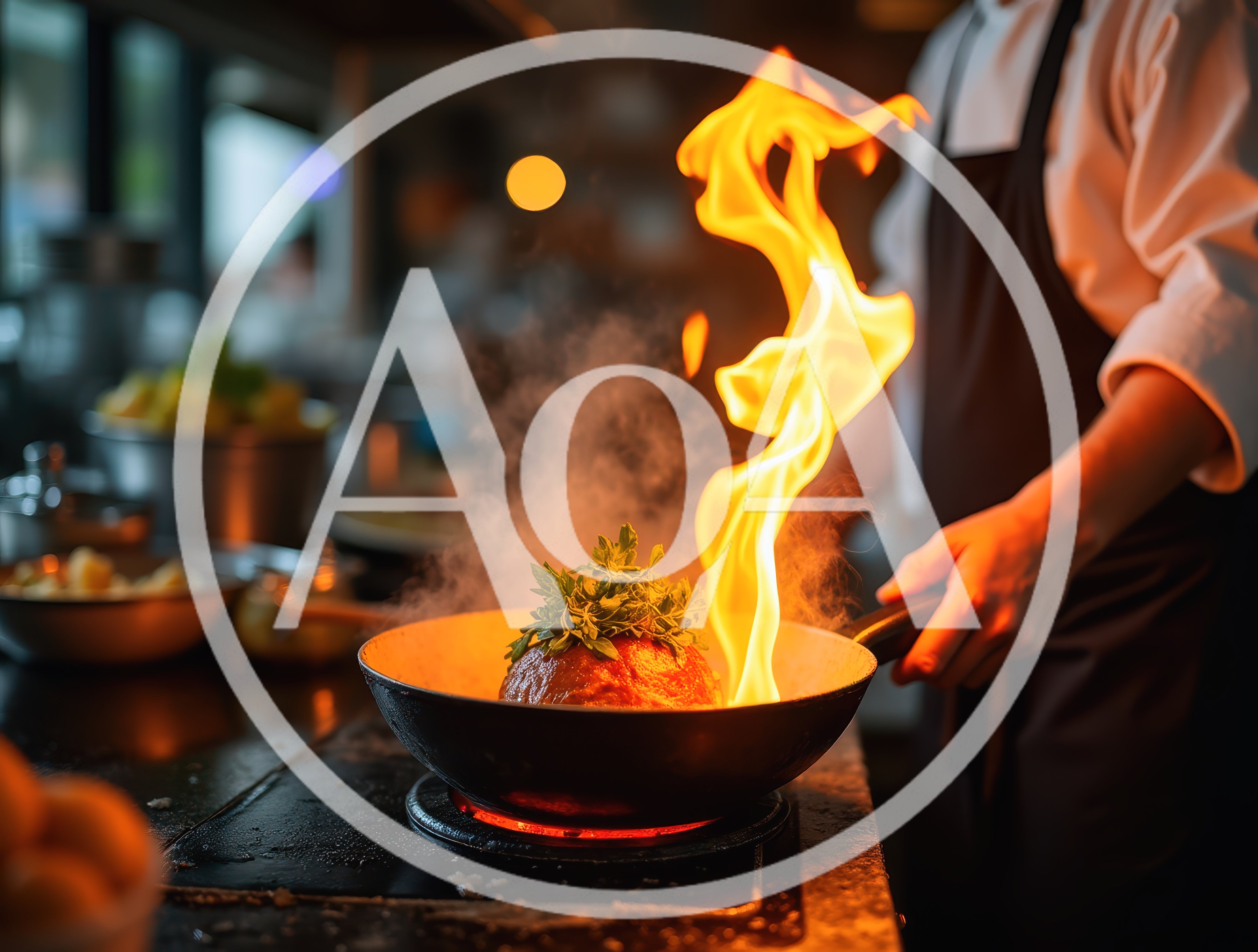 Professional Chef Flambeing Meat in a Restaurant Kitchen