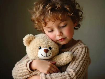 Young Child Hugging A Soft Teddy Bear