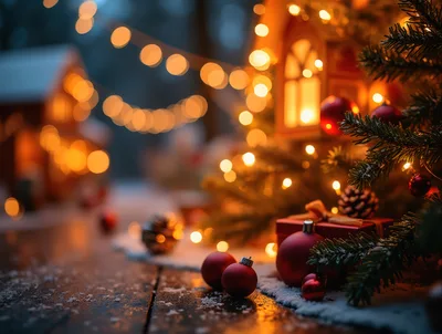 Christmas Decorations With Red Ornaments And Gift Box
