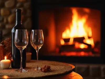 Wine Bottle and Glasses by a Cozy Fireplace