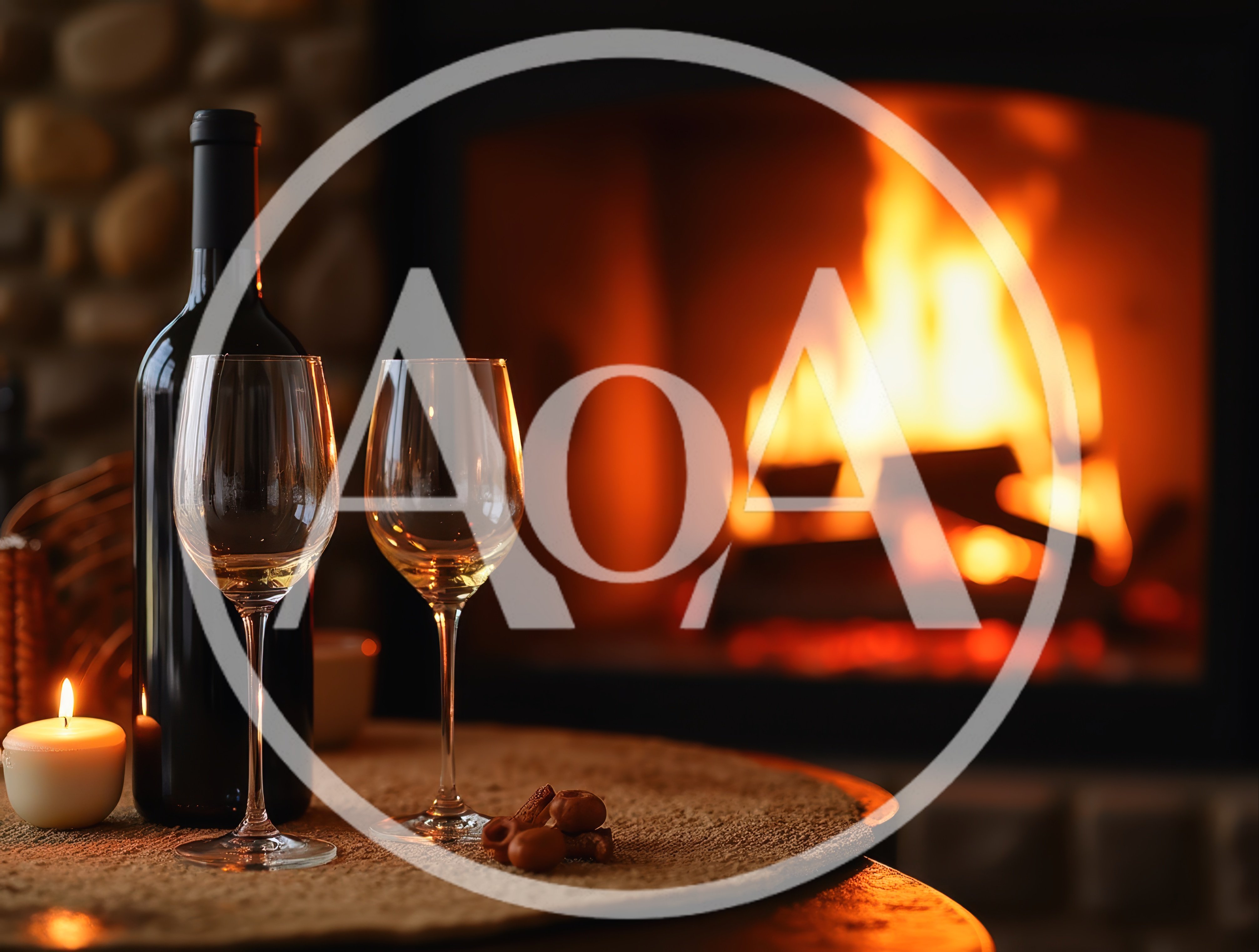 Wine Bottle and Glasses by a Cozy Fireplace