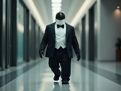 Anthropomorphic Penguin In A Tuxedo Walking Down Hallway